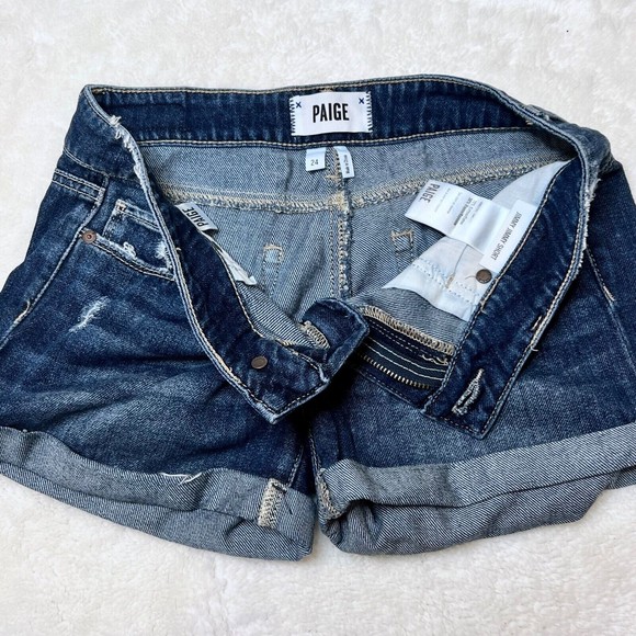 PAIGE JIMMY JIMMY Short Cuffed Boyfriend Size 24 Atticus Dark Wash Distressed - Picture 3 of 4